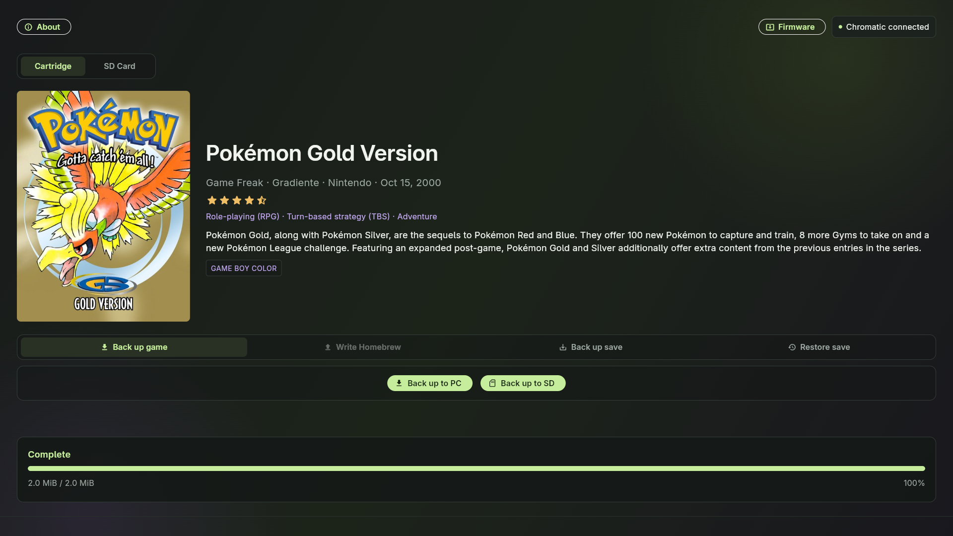 ChroMagician showing Pokémon Gold Version after a PC backup marked Complete, 2.0 MiB / 2.0 MiB, 100%.