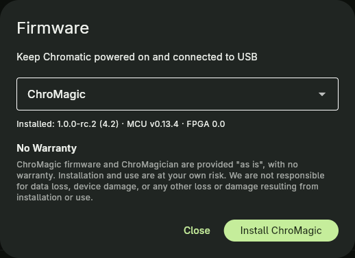 ChroMagician’s Firmware dialog with ChroMagic selected and the Install ChroMagic button visible