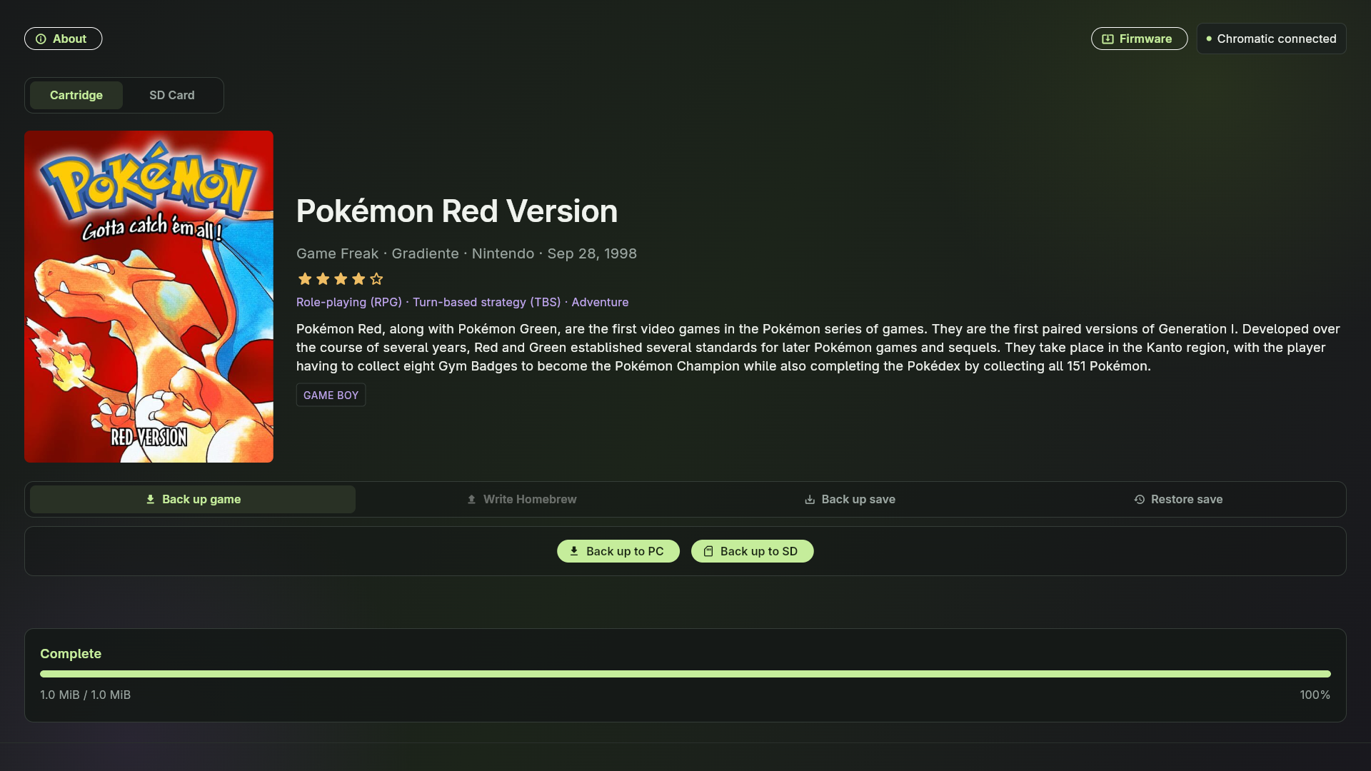 ChroMagician showing Pokémon Red Version after a PC backup marked Complete, 1.0 MiB / 1.0 MiB, 100%.